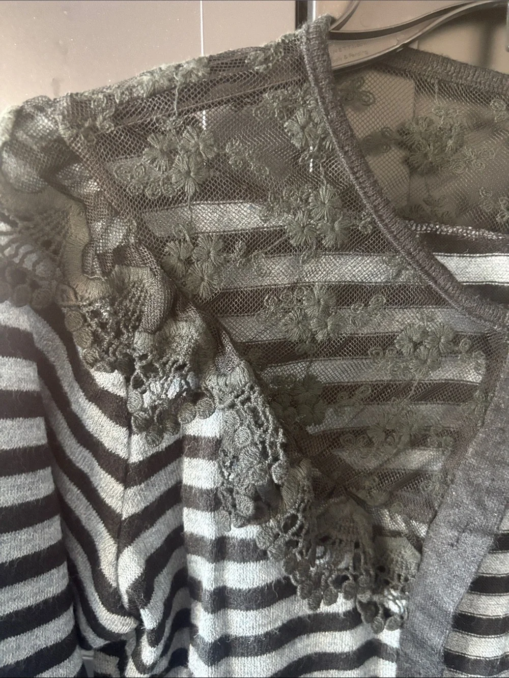 NYC Black and Gray Striped Lace-Yoke Cardigan